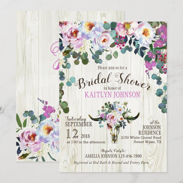 Boho Chic Longhorn Cow Skull, Blommigt Möhippa Inbjudningar (Fram/baksida)