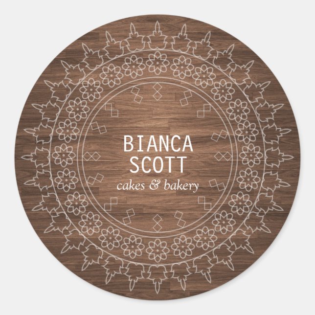 Boho Chic Mandala på Mörk Wood Runt Klistermärke (Framsida)