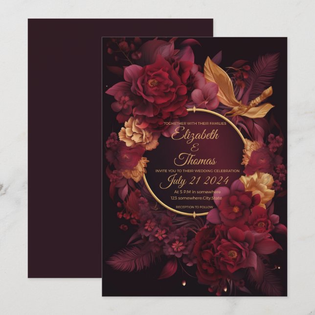 Boho chic med temat Burgundy och Guld. Inbjudningar (Fram/baksida)