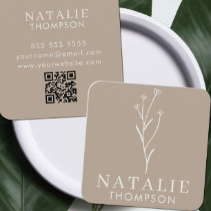 Boho Chic Minimalist Greige Flower QR-kod Fyrkantigt Visitkort