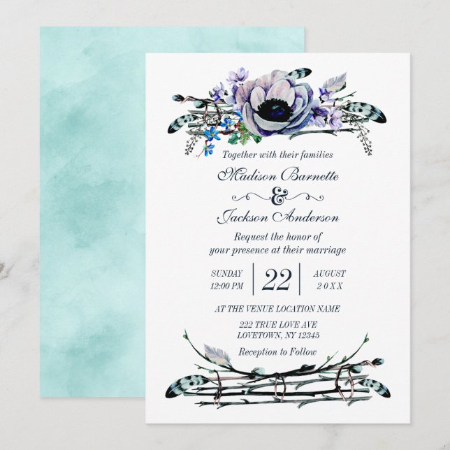 Boho Chic Mint & Navy Blommig Bröllopsinbjudan Inbjudningar (Fram/baksida)