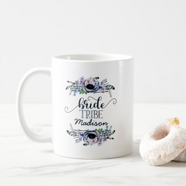 Boho Chic Mint & Navy Blommigt Bröllop Bride Tribe Kaffemugg (Med munk)