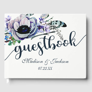 Boho Chic Mint & Navy Blommigt Bröllop Monogram Gästböcker