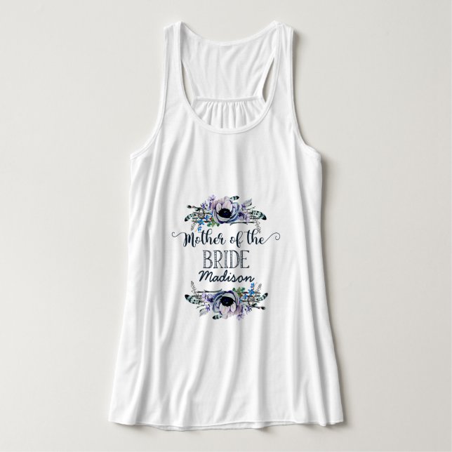 Boho Chic Mint & Navy Blommigt Budens mamma Linne Med Racerback (Design framsida)