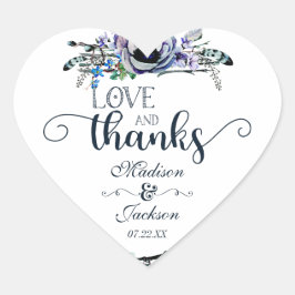 Boho Chic Mint & Navy Blommigt Kärlek & tacktjänst Hjärtformat Klistermärke