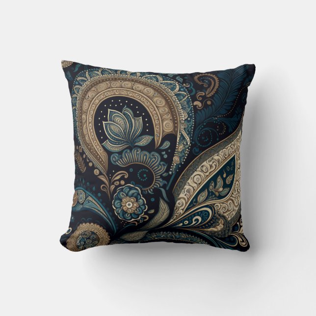 Boho Chic Mörk blått Paisley Mönster Kudde (Framsida)