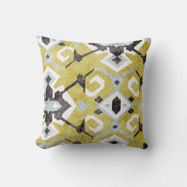 Boho chic mörk grått och gult ikat tribal mönster kudde (Framsida)