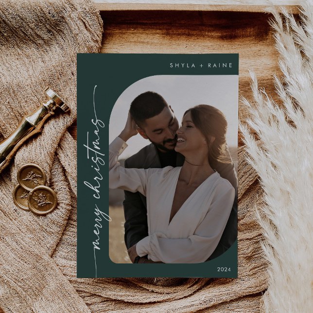 Boho Chic Mörk grönt Photo Simple God jul Julkort (Skapare uppladdad)