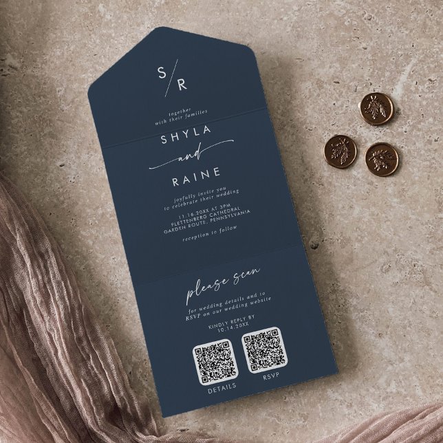 Boho Chic Mörk Navy Blue Dual QR Code Bröllop (Skapare uppladdad)