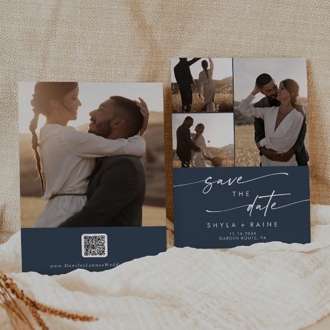 Boho Chic Mörk Navy Blue Multi Photo QR-kod Spara Datumet (Skapare uppladdad)