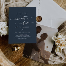 Boho Chic Mörk Navy Blue Photo Spain Bröllop Inbjudningar