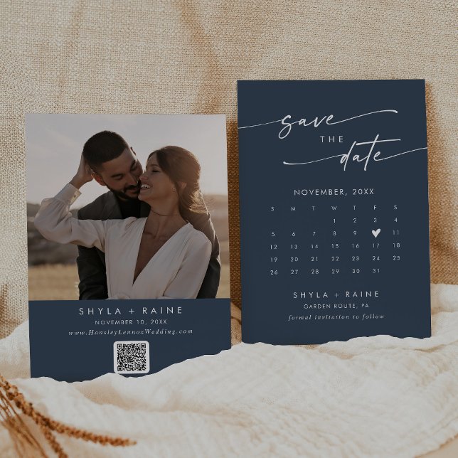 Boho Chic Mörk Navy Blue QR Code Photo Calendar Spara Datumet (Skapare uppladdad)