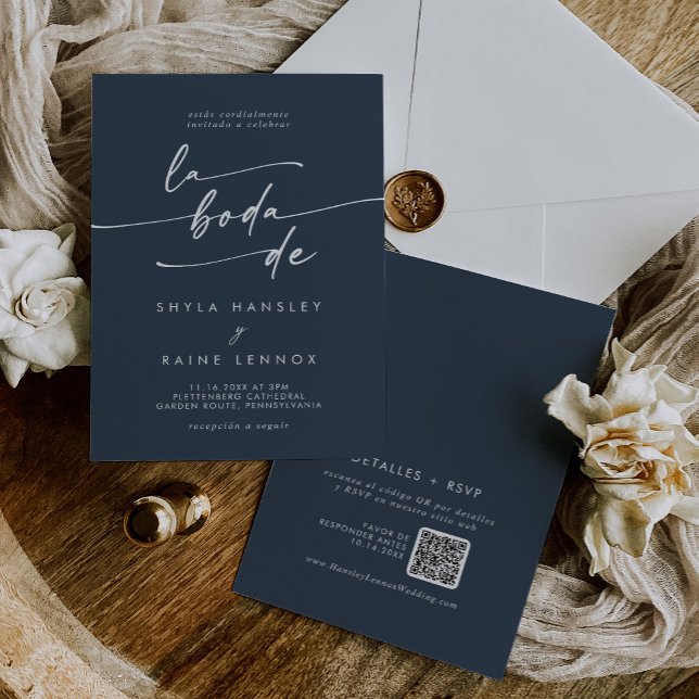 Boho Chic Mörk Navy Blue QR Code Spain Bröllop Inbjudningar (Skapare uppladdad)