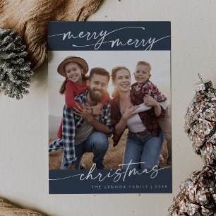 Boho Chic Navy Blue Family Photo Cute-julen Julkort