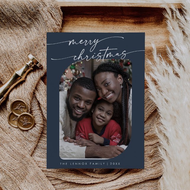 Boho Chic Navy Blue Photo Cute God jul Julkort (Skapare uppladdad)