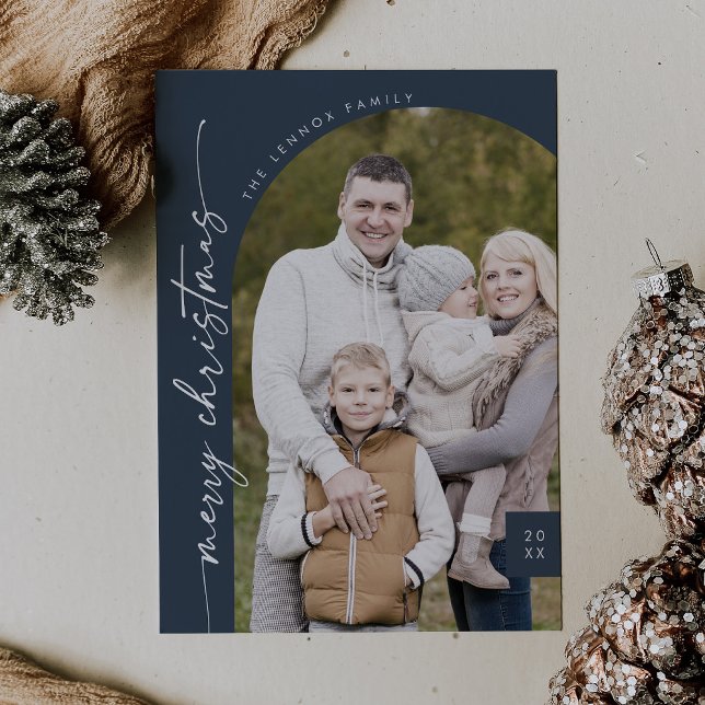 Boho Chic Navy Blue Photo Modern God jul Julkort (Skapare uppladdad)