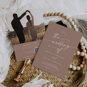 Boho Chic Neutralt Taupe Photo QR Code Bröllop Inbjudningar
