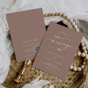 Boho Chic Neutralt Taupe QR Code Fransk Bröllop Inbjudningar
