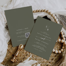 Boho Chic Oliv grönt Monogram QR-kod Bröllop Inbjudningar