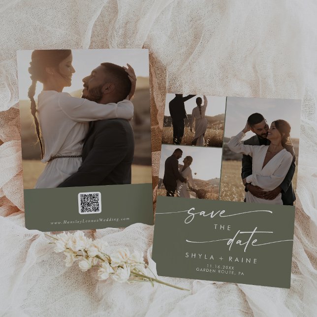 Boho Chic Oliv grönt Multi Photo QR-kod Spara Datumet (Skapare uppladdad)