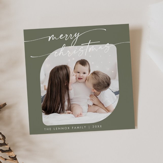 Boho Chic Oliv grönt Photo Cute Family-jul Julkort (Skapare uppladdad)
