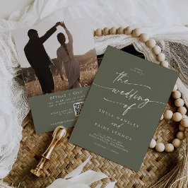 Boho Chic Oliv grönt Photo QR-kod Bröllop Inbjudningar