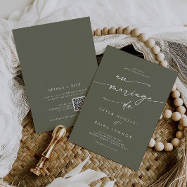 Boho Chic Oliv grönt QR-kod Fransk Bröllop Inbjudningar