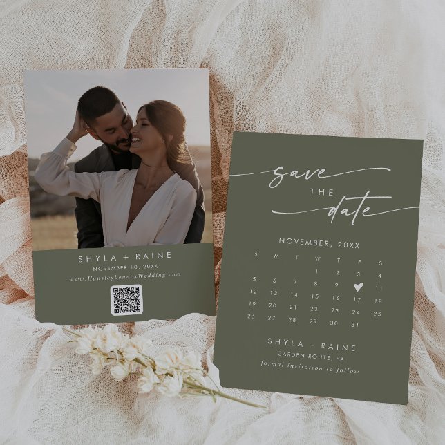 Boho Chic Oliv grönt QR-kodsfotokalender Spara Datumet (Skapare uppladdad)