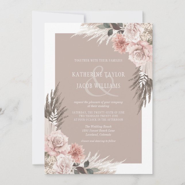 Boho Chic Pampas Grass Beige Earth Tones Bröllop Inbjudningar (Framsida)