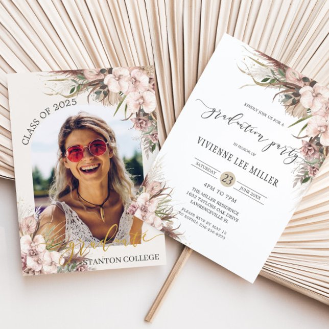 Boho Chic Pampas Grass Orchid Blommigt Studenten Inbjudningar (boho pampas grass orchid floral neutral tones graduation party picture invitation cards download)