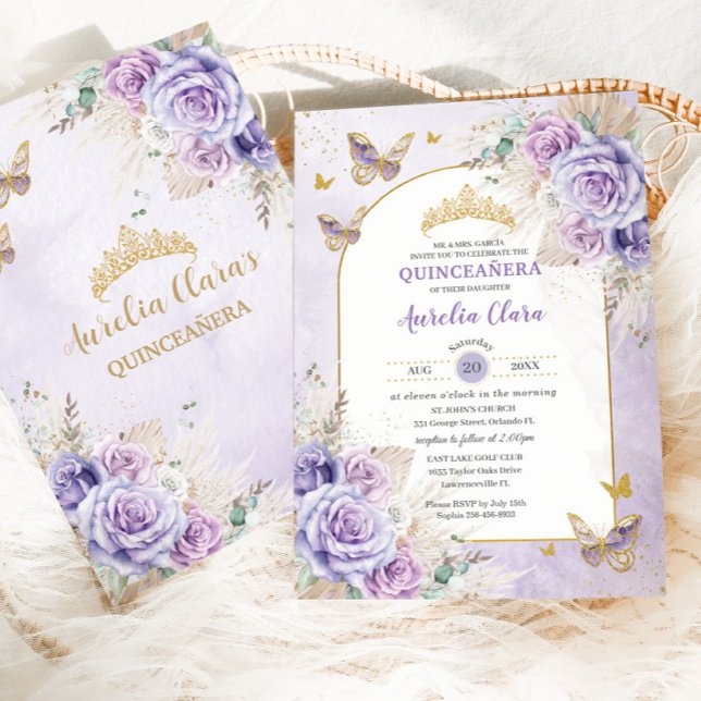Boho Chic Pampas Lila Lilac Blommigt Quinceañera Inbjudningar (Skapare uppladdad)