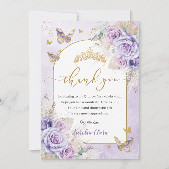 Boho Chic Pampas Lila Lilac Blommigt Quinceañera Tack Kort (Framsida)