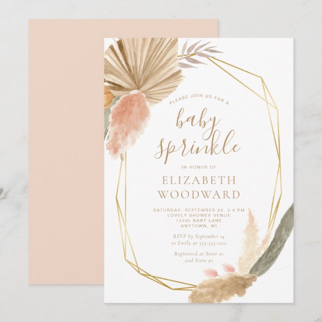 Boho Chic Pampasgräs Guld Ram Babyfirande Inbjudningar (Fram/baksida)