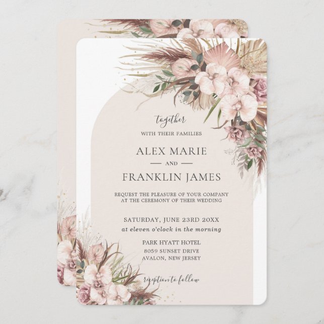 Boho Chic Pampasgräs Orkidé Blommig Båge Bröllop Inbjudningar (Fram/baksida)