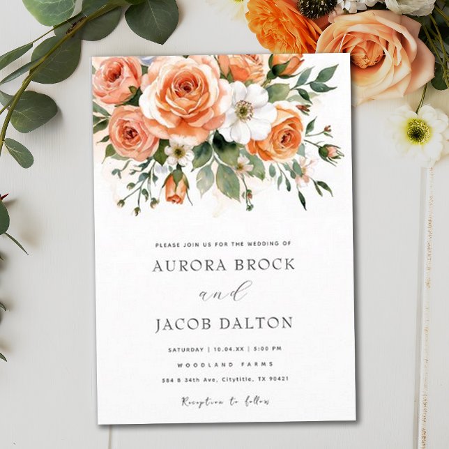 Boho Chic Peach and White Flowers Bröllop Inbjudningar (Skapare uppladdad)