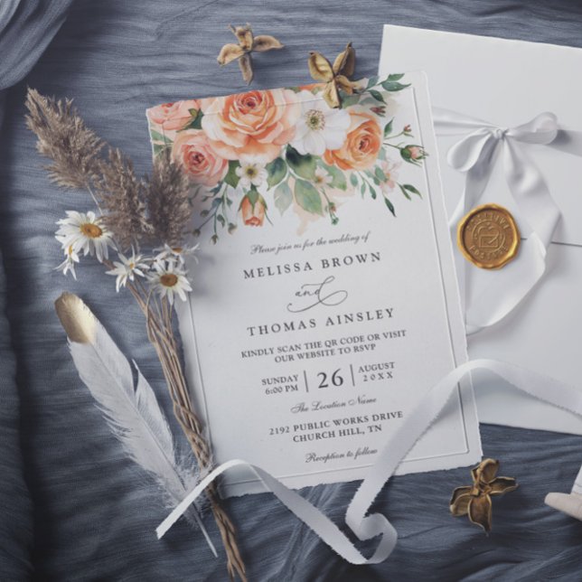 Boho Chic Persika och Vita Blommor QR Kod Bröllop Inbjudningar (Skapare uppladdad)