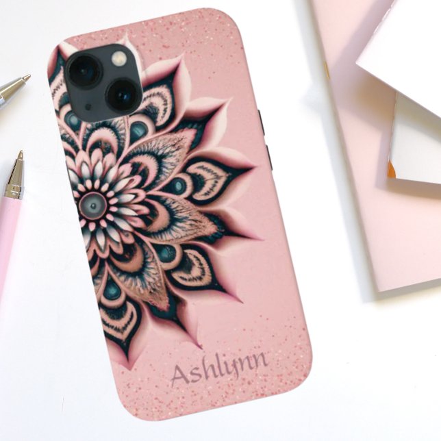 Boho Chic Personlig Blommigt Mandala Ro Guld (Boho Chic Add Your Name Personalized Blush Pink, Rose Gold Glitter with Floral Mandala Painting)