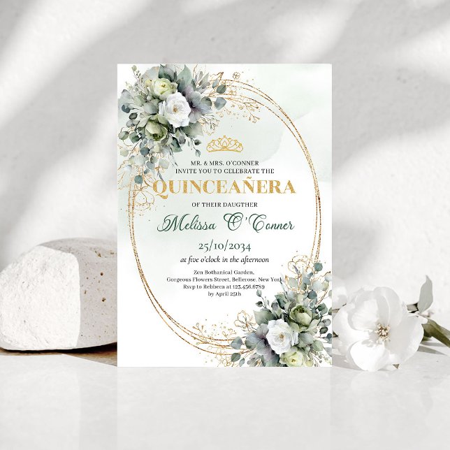Boho Chic Quinceañera Watercolor Greenery Inbjudan (Boho Chic Quinceañera Watercolor Greenery Invite)