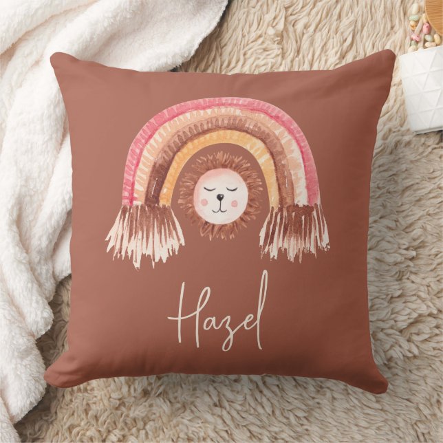 Boho Chic Rainbow Lejonare Baby Namn Terracotta Kudde (Filt)