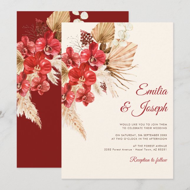 Boho chic Red orchid fall personligt bröllp bjudni Inbjudningar (Fram/baksida)