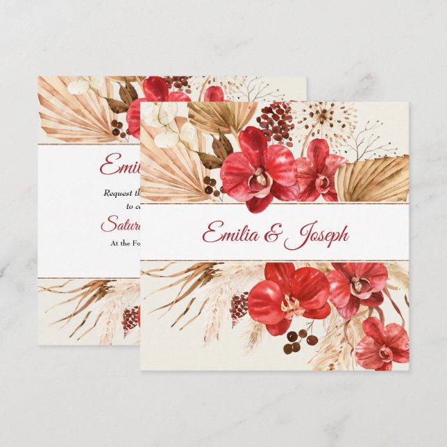 Boho chic Red orchid fall personligt bröllp Inbjudningar (Fram/baksida)