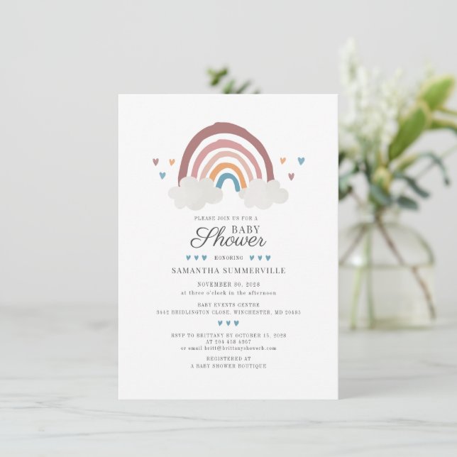 Boho Chic Regnbåge Script Baby Shower-inbjudan Inbjudningar (Stående Fram)