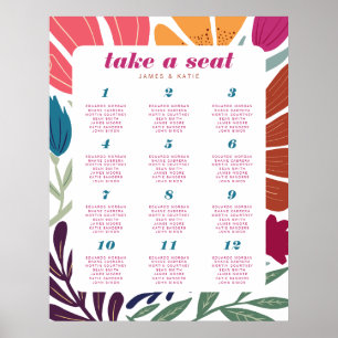 Boho Chic Retro Blommigt Bröllop Bord säten Poster