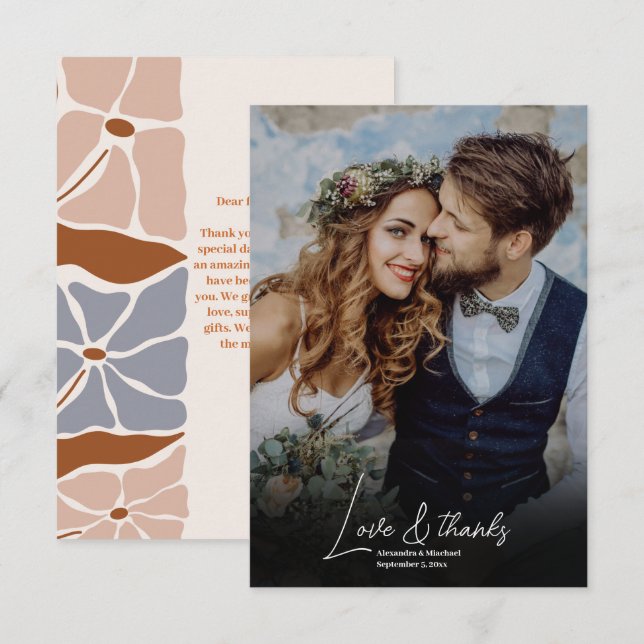 Boho Chic Retro Blommigt Bröllop Photo Tack Kort (Fram/baksida)