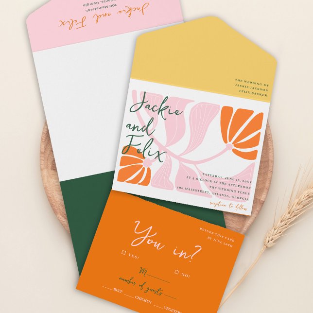 Boho Chic Retro Färgglada Blommig Bröllopsinbjudan (Boho Chic Retro Colorful Floral Wedding Invitation)