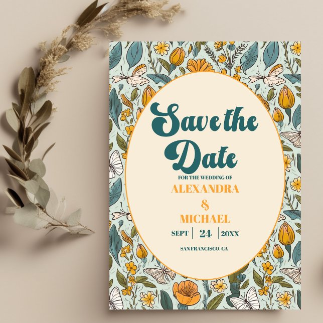 Boho Chic Retro Färgglada Blommiga Bröllop  Spara Datumet (Skapare uppladdad)