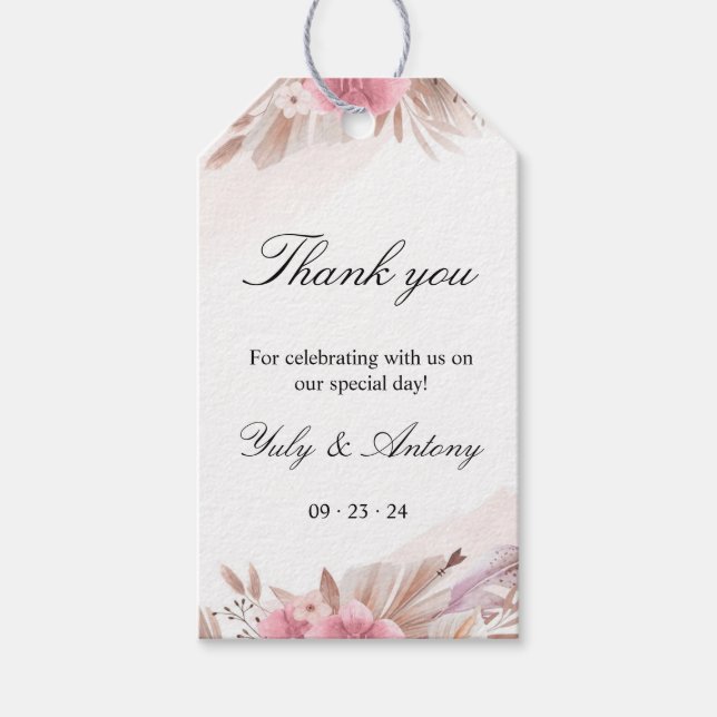 Boho Chic Ro och Champagne Bröllop Presentetikett (Framsidan)