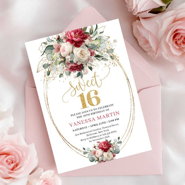Boho Chic Röd Vit Guld Blommig Sweet 16 Födelsedag Inbjudningar (Chic Red White Gold Floral Sweet 16 Birthday Invite)