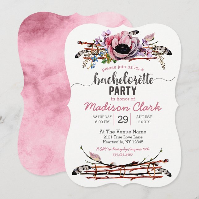Boho Chic  Rosa Bachelorette-partiets inbjudan (Fram/baksida)