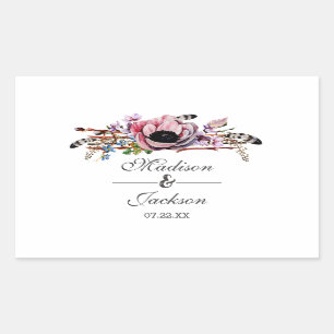 Boho Chic  Rosa Blommigt Bröllop Monogram Rektangulärt Klistermärke